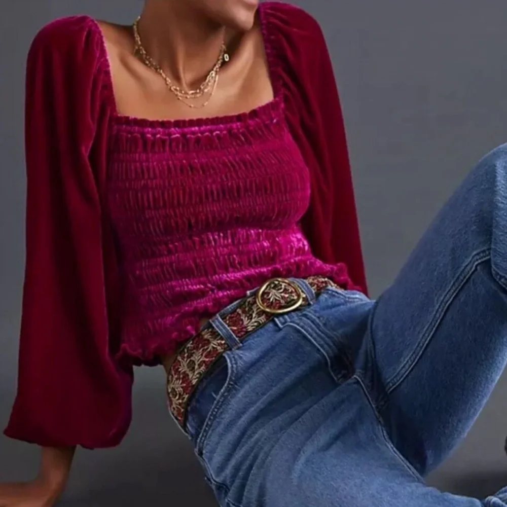 Anthropologie Puff Sleeve Velvet Smocked Magenta Pink Top Women's Large